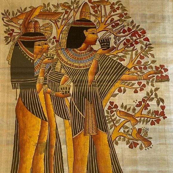 Cintage Egyptian Papyrus Painting Signed Framed Glass 26 x 22 - Picture 9 of 10